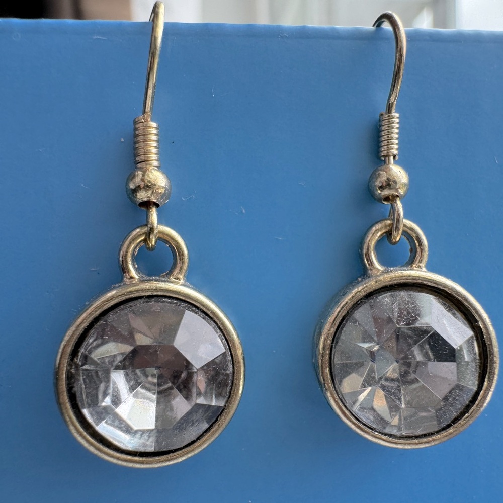 Gold Statement Earrings EUC Circle Crystal Drop Dangle Silver Gray Gemstone - Picture 3 of 7